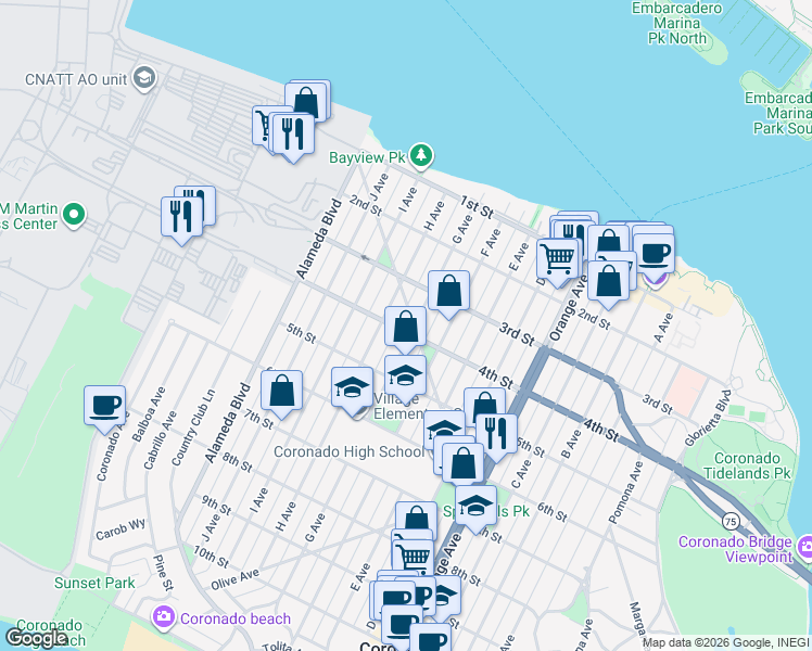 map of restaurants, bars, coffee shops, grocery stores, and more near 625 4th Street in Coronado