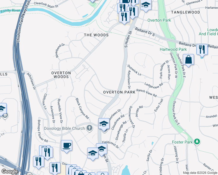 map of restaurants, bars, coffee shops, grocery stores, and more near 4608 Ranch View Road in Fort Worth