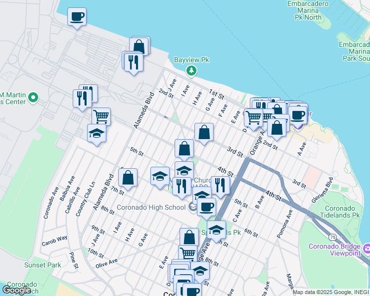 map of restaurants, bars, coffee shops, grocery stores, and more near 625 4th Street in Coronado