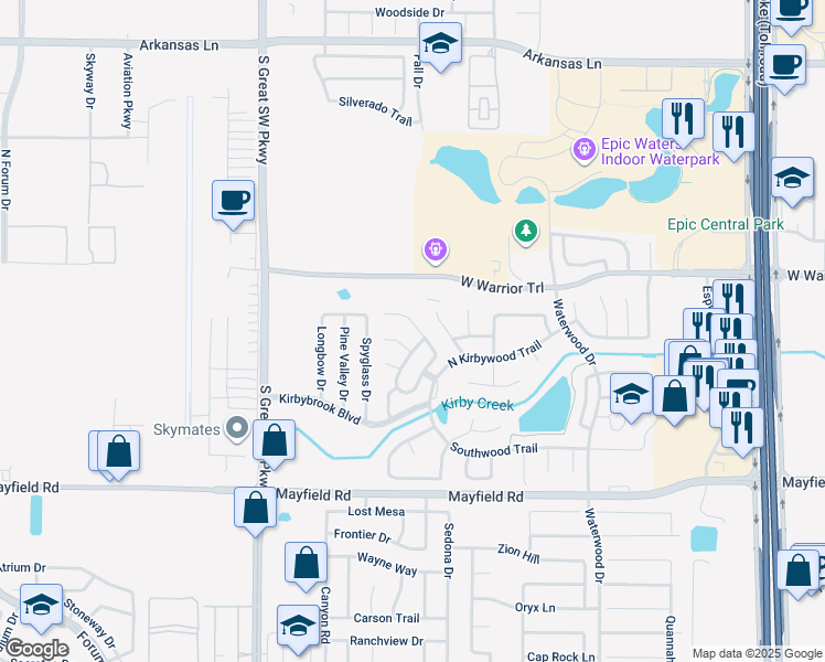map of restaurants, bars, coffee shops, grocery stores, and more near 3050 Rustlewind Lane in Grand Prairie