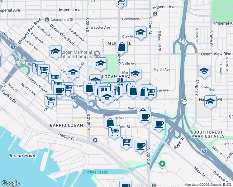 map of restaurants, bars, coffee shops, grocery stores, and more near 2981 Logan Avenue in San Diego