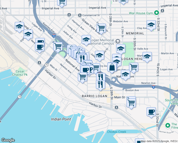 map of restaurants, bars, coffee shops, grocery stores, and more near 2611 Logan Avenue in San Diego