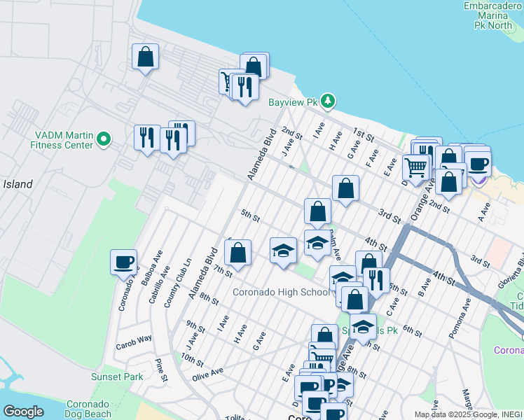 map of restaurants, bars, coffee shops, grocery stores, and more near 455 J Avenue in Coronado