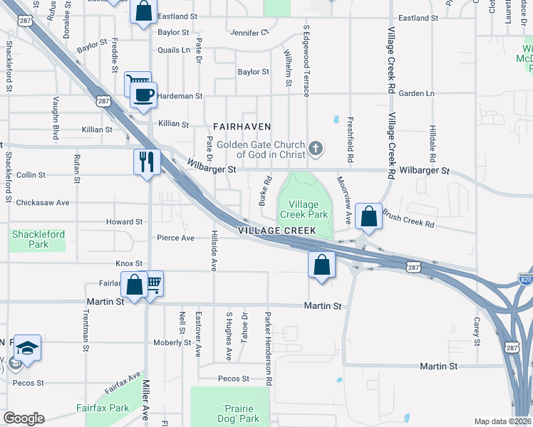 map of restaurants, bars, coffee shops, grocery stores, and more near 4500 Wilhelm Street in Fort Worth
