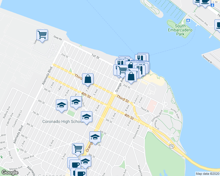 map of restaurants, bars, coffee shops, grocery stores, and more near 220 Orange Avenue in Coronado
