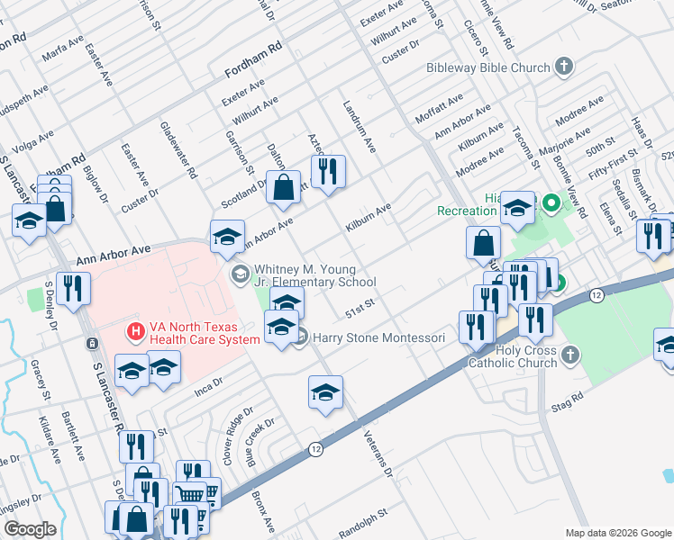 map of restaurants, bars, coffee shops, grocery stores, and more near 2532 Modree Avenue in Dallas