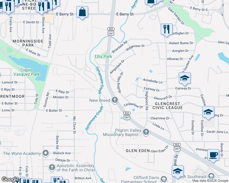 map of restaurants, bars, coffee shops, grocery stores, and more near 4528 Rolling Hills Drive in Fort Worth