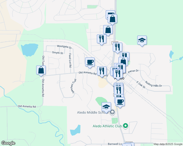 map of restaurants, bars, coffee shops, grocery stores, and more near 324 Old Annetta Road in Aledo