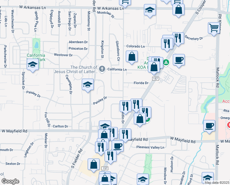 map of restaurants, bars, coffee shops, grocery stores, and more near 1310 Ashbury Drive in Arlington