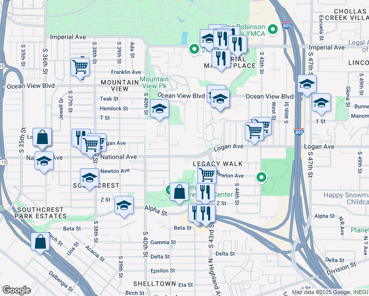map of restaurants, bars, coffee shops, grocery stores, and more near 4166 National Avenue in San Diego