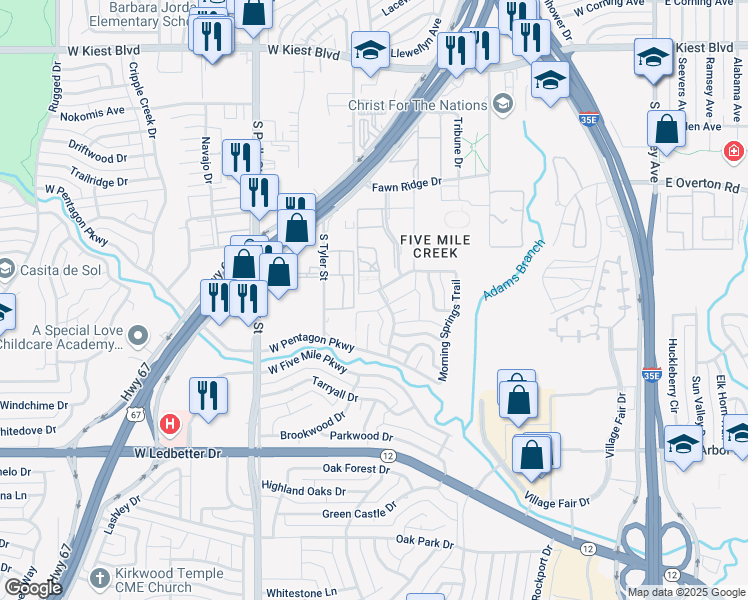 map of restaurants, bars, coffee shops, grocery stores, and more near 712 Bow and Arrow Drive in Dallas