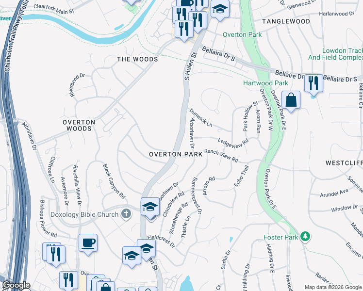 map of restaurants, bars, coffee shops, grocery stores, and more near 3617 South Hulen Street in Fort Worth