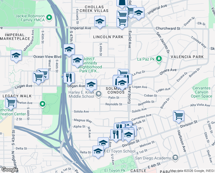 map of restaurants, bars, coffee shops, grocery stores, and more near 4944 Logan Avenue in San Diego