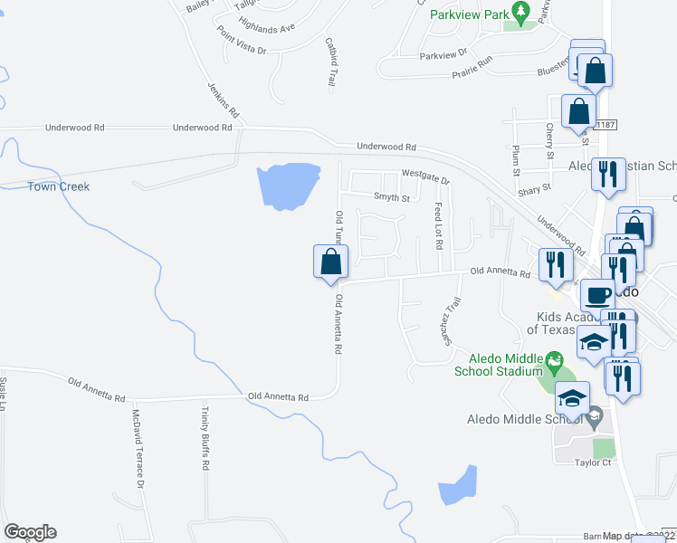 map of restaurants, bars, coffee shops, grocery stores, and more near 96 Old Tunnel Road in Aledo