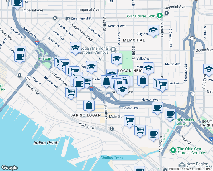 map of restaurants, bars, coffee shops, grocery stores, and more near 2815 Logan Avenue in San Diego