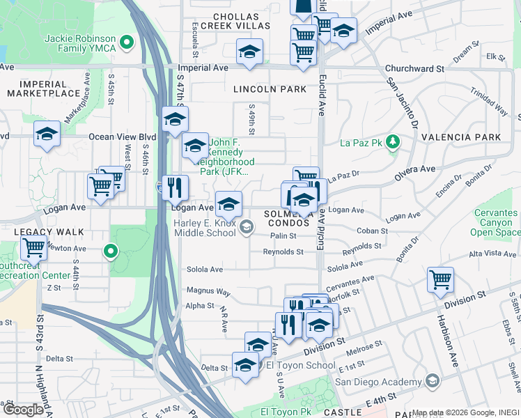 map of restaurants, bars, coffee shops, grocery stores, and more near 4944 Logan Avenue in San Diego