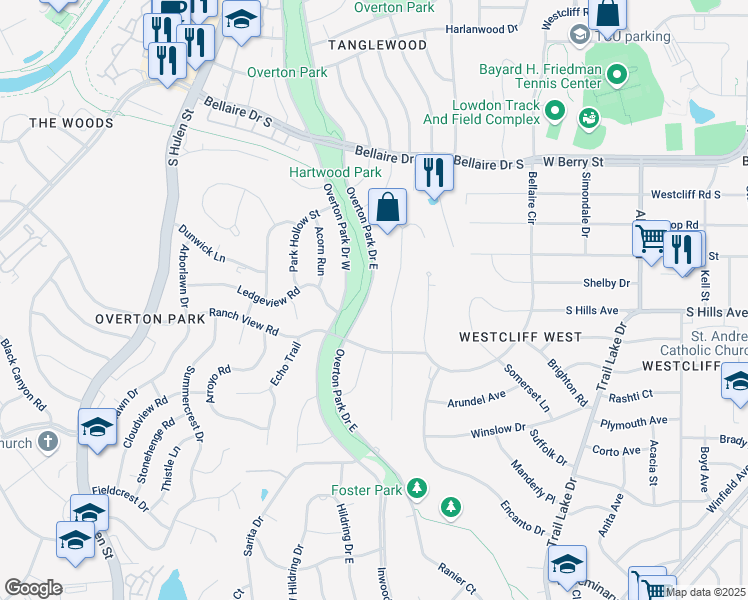 map of restaurants, bars, coffee shops, grocery stores, and more near 3513 Overton Park Drive East in Fort Worth