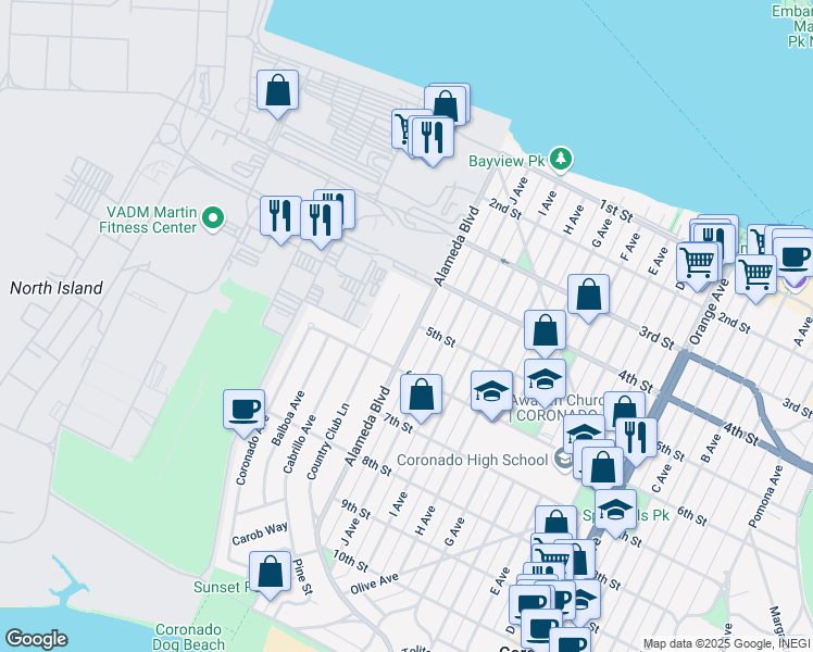 map of restaurants, bars, coffee shops, grocery stores, and more near 463 Alameda Boulevard in Coronado