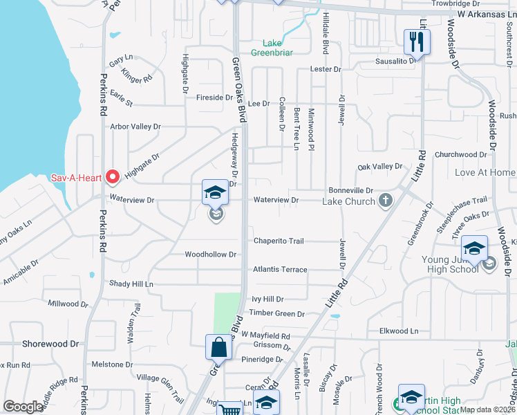 map of restaurants, bars, coffee shops, grocery stores, and more near 3001 West Green Oaks Boulevard in Arlington