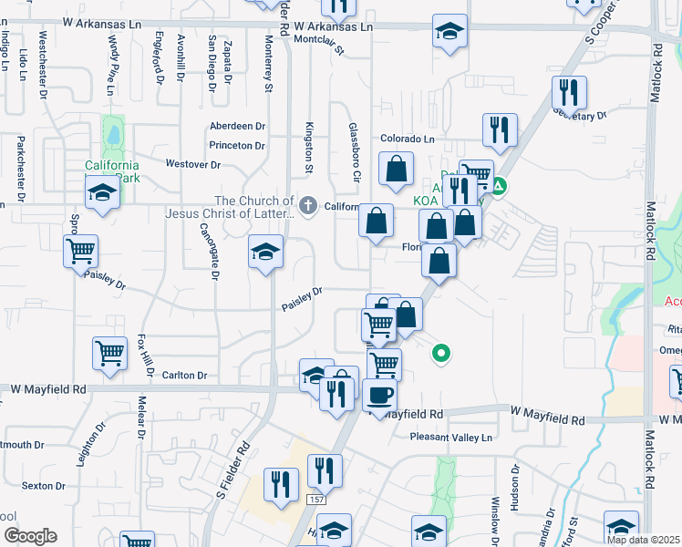 map of restaurants, bars, coffee shops, grocery stores, and more near 1310 Ashbury Drive in Arlington