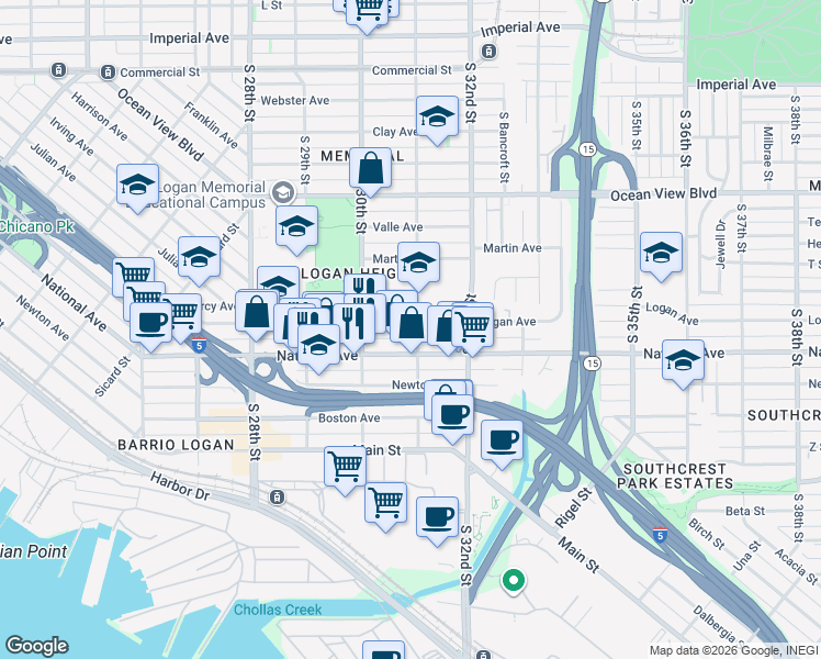 map of restaurants, bars, coffee shops, grocery stores, and more near 3089 Logan Avenue in San Diego