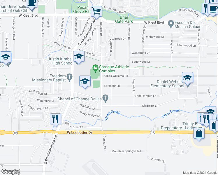 map of restaurants, bars, coffee shops, grocery stores, and more near 3805 Crepe Myrtle Circle in Dallas