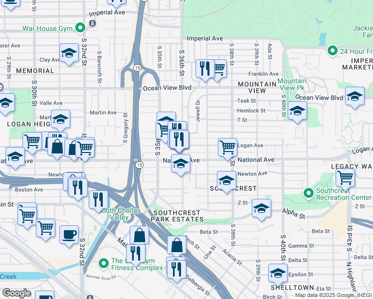 map of restaurants, bars, coffee shops, grocery stores, and more near 3550 Logan Avenue in San Diego