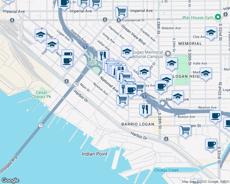 map of restaurants, bars, coffee shops, grocery stores, and more near 2232 National Avenue in San Diego