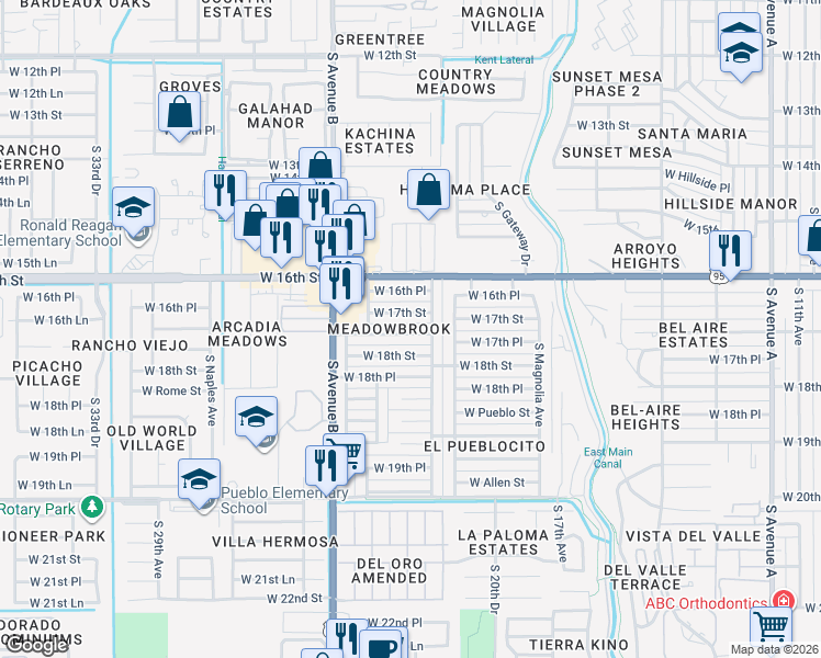 map of restaurants, bars, coffee shops, grocery stores, and more near 2223 West 17th Street in Yuma