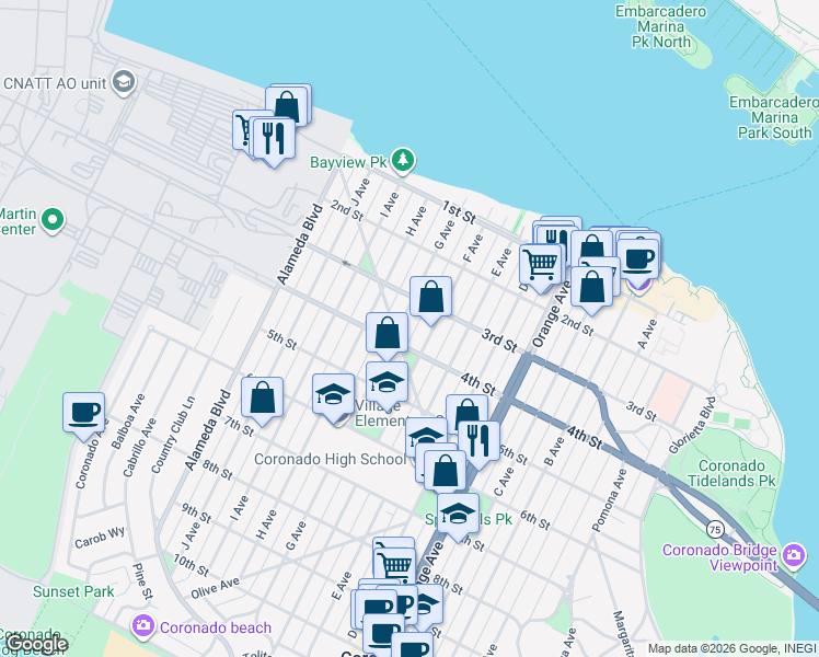 map of restaurants, bars, coffee shops, grocery stores, and more near 349 G Avenue in Coronado