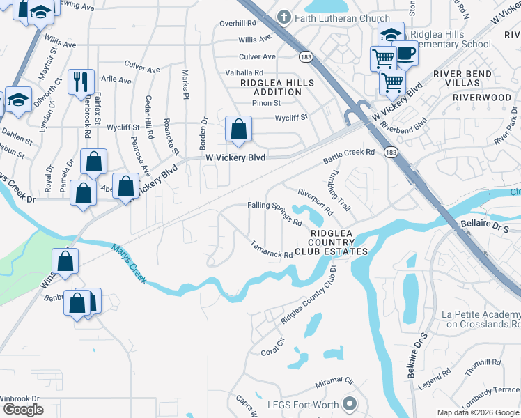 map of restaurants, bars, coffee shops, grocery stores, and more near 3700 Streamwood Road in Fort Worth