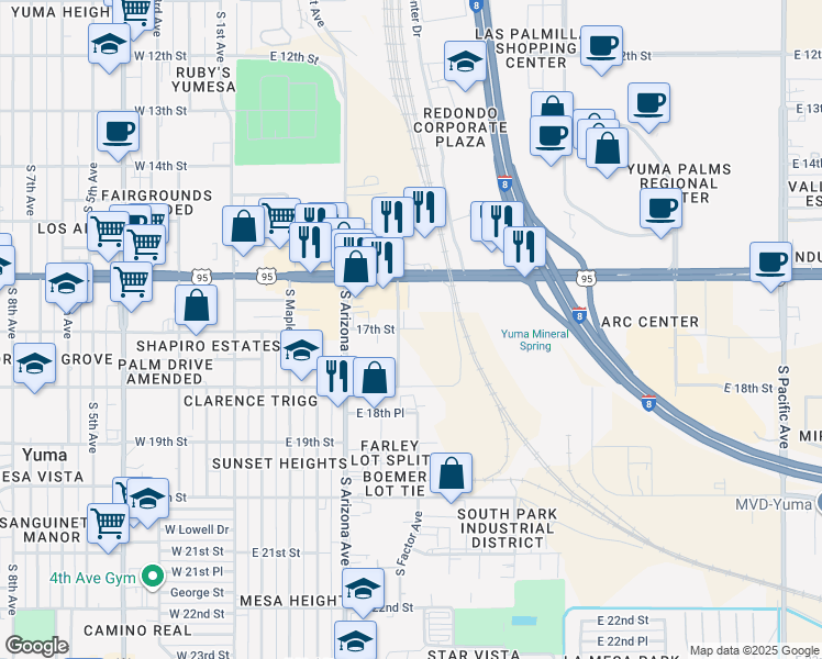 map of restaurants, bars, coffee shops, grocery stores, and more near 17th St in Yuma