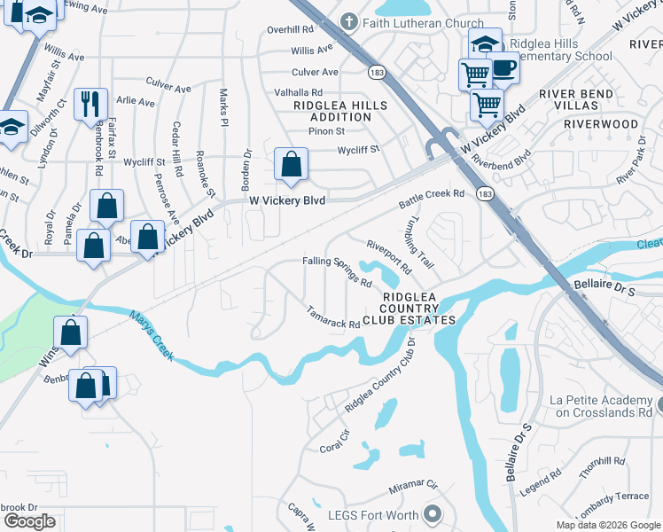 map of restaurants, bars, coffee shops, grocery stores, and more near 3700 Streamwood Road in Fort Worth