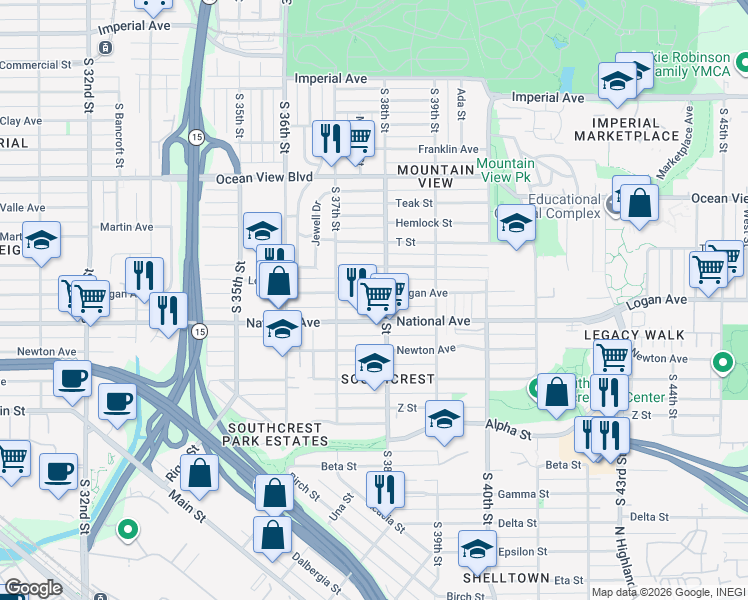 map of restaurants, bars, coffee shops, grocery stores, and more near 3793 Logan Avenue in San Diego