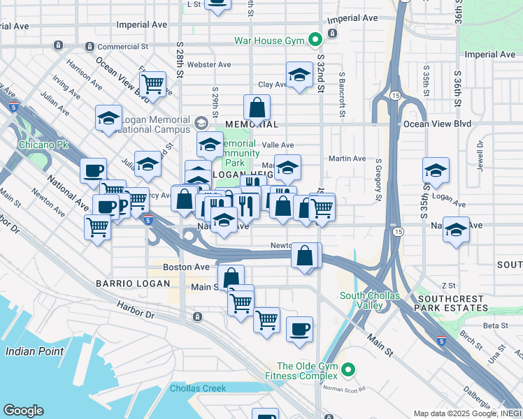 map of restaurants, bars, coffee shops, grocery stores, and more near 3022 Logan Avenue in San Diego