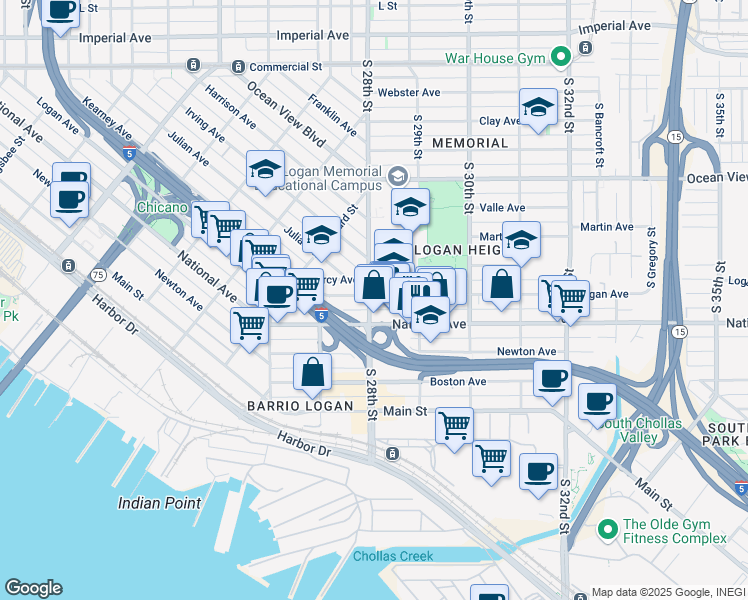 map of restaurants, bars, coffee shops, grocery stores, and more near 2815 Logan Avenue in San Diego