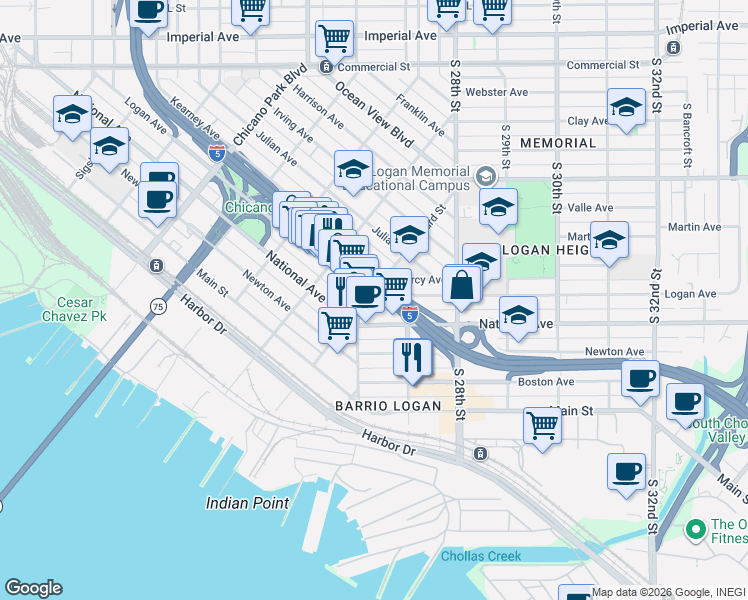 map of restaurants, bars, coffee shops, grocery stores, and more near 2605 Logan Avenue in San Diego