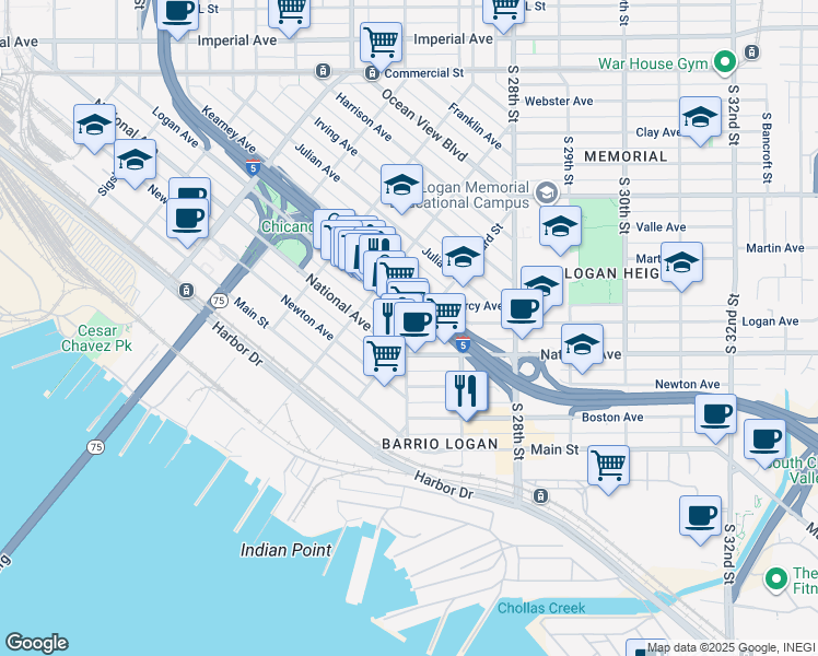 map of restaurants, bars, coffee shops, grocery stores, and more near 2605 Logan Avenue in San Diego