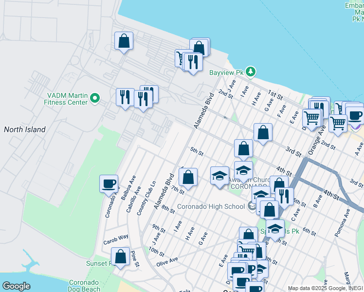 map of restaurants, bars, coffee shops, grocery stores, and more near 463 Alameda Boulevard in Coronado