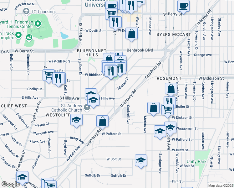map of restaurants, bars, coffee shops, grocery stores, and more near 3620 South University Drive in Fort Worth