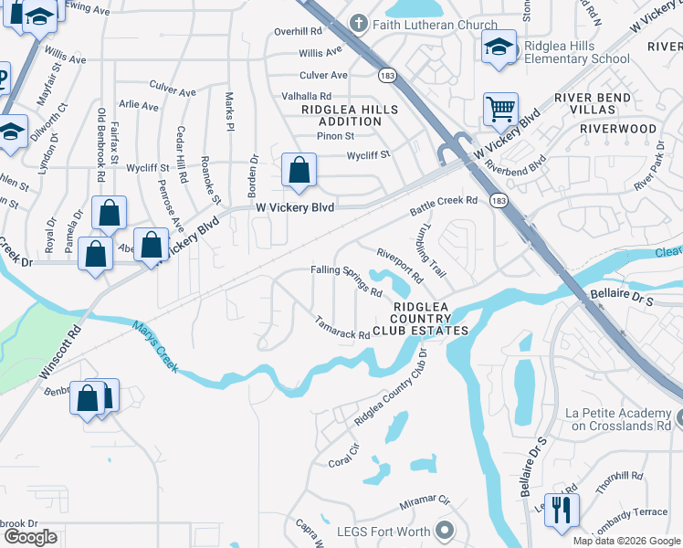 map of restaurants, bars, coffee shops, grocery stores, and more near 3700 Streamwood Road in Fort Worth