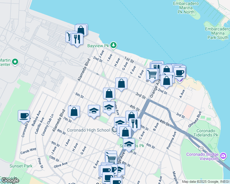 map of restaurants, bars, coffee shops, grocery stores, and more near 349 G Avenue in Coronado