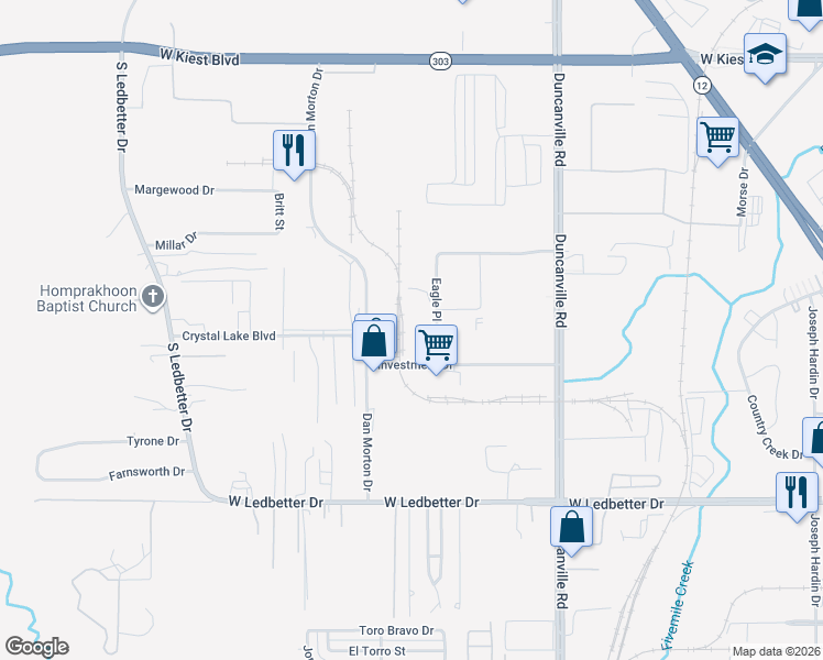 map of restaurants, bars, coffee shops, grocery stores, and more near 5225 Investment Drive in Dallas