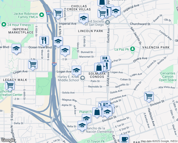 map of restaurants, bars, coffee shops, grocery stores, and more near 4944 Logan Ave in San Diego