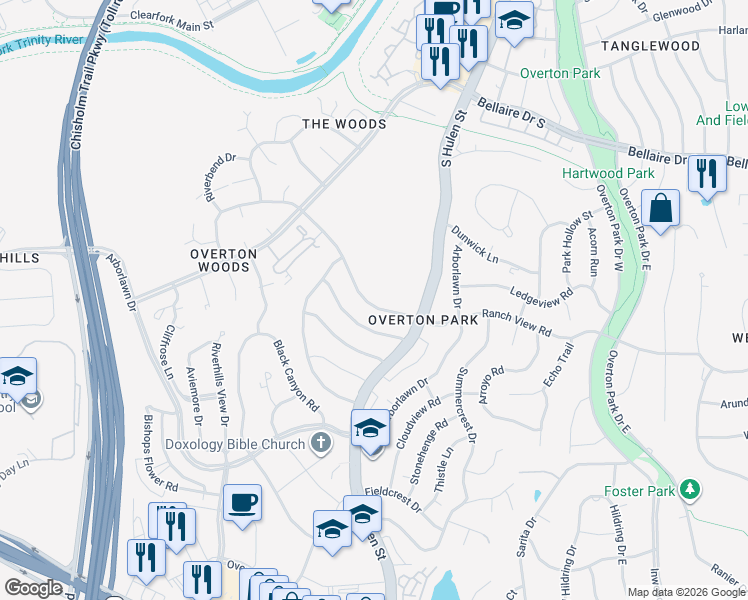 map of restaurants, bars, coffee shops, grocery stores, and more near 4622 Ranch View Road in Fort Worth
