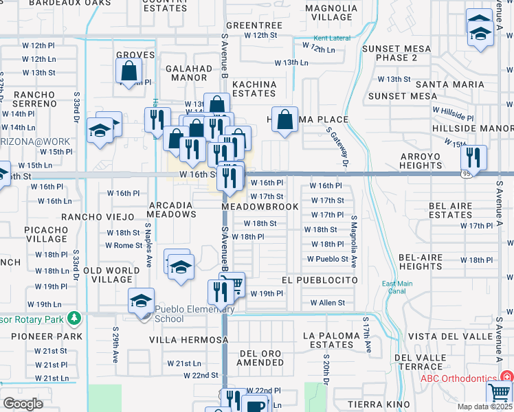 map of restaurants, bars, coffee shops, grocery stores, and more near 2232 West 17th Place in Yuma
