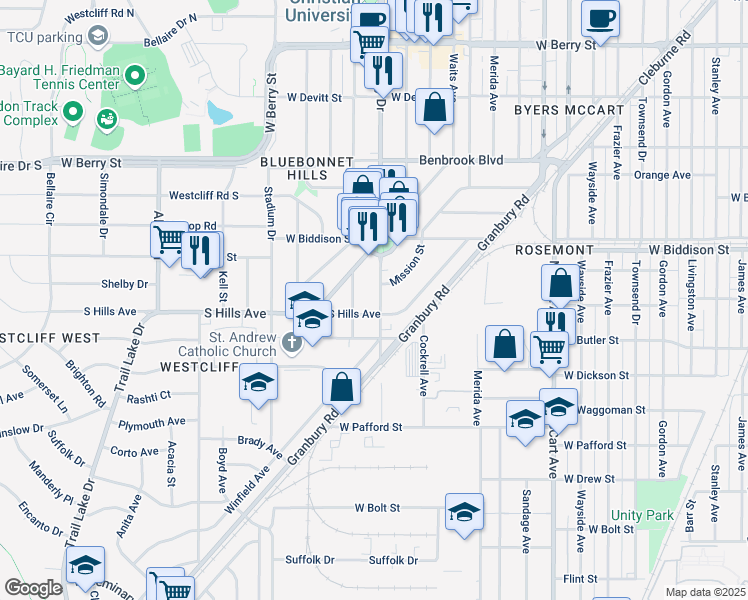 map of restaurants, bars, coffee shops, grocery stores, and more near 3620 South University Drive in Fort Worth
