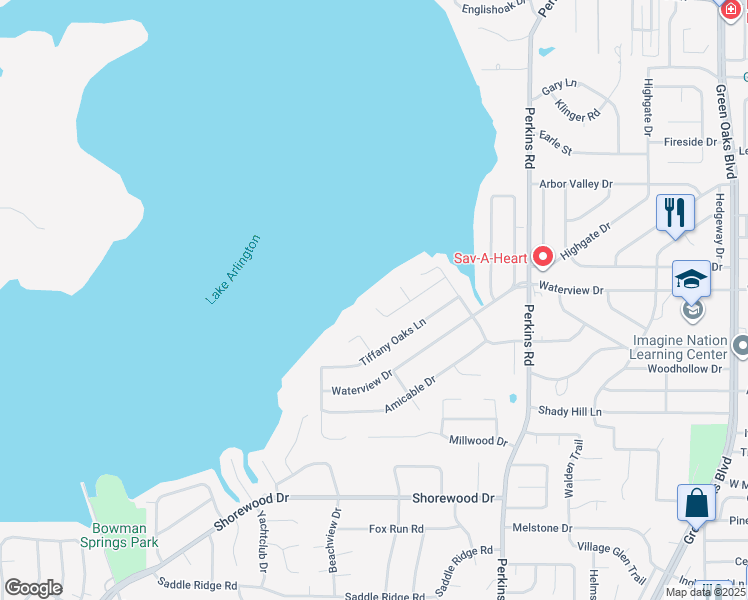 map of restaurants, bars, coffee shops, grocery stores, and more near 6209 Tiffany Park Court in Arlington