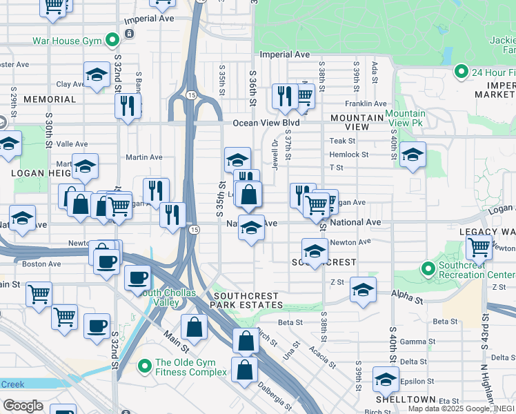 map of restaurants, bars, coffee shops, grocery stores, and more near 3607 Logan Avenue in San Diego