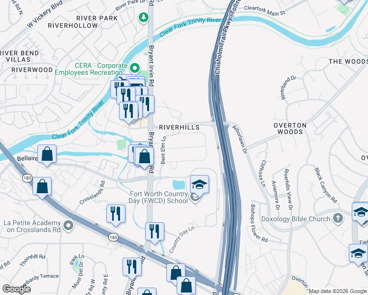 map of restaurants, bars, coffee shops, grocery stores, and more near Night Sage Lane in Fort Worth